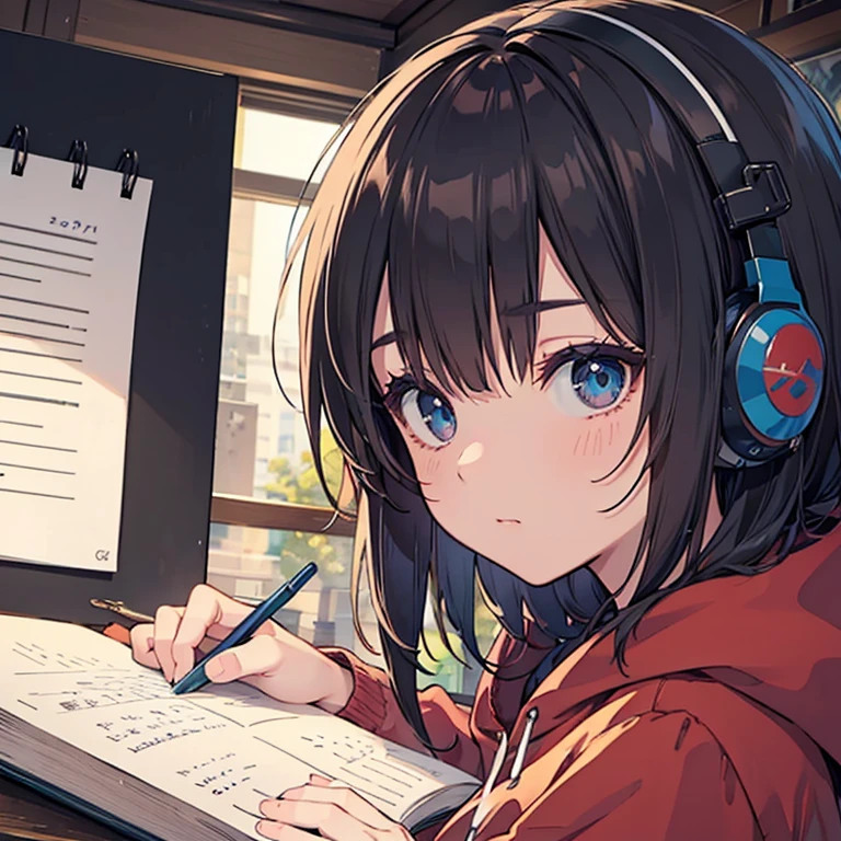 night、((机に向かってBarely)),(Headphones),((Barely)),(Serious profile),((Writing in a notebook)),((Keep your eyes on the notebook.)),indoor, Super detailed, (((Very detailed eyes and face))), profile, masterpiece, Highest quality, Realistic portraits, hoodie, Very detailed, Dynamic Angle, The most beautiful form of chaos, elegant, Asian Taste