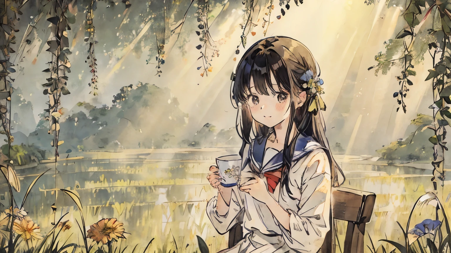 Photo studio、Sailor suit、Paddy field,flower、flowerで口元を隠す少女、Soft lighting、Highest quality、flowerを手に持って口元を覆う、plant、wood々Sunlight shining through、手にflowerを持つ、Black Hair、Sit on a chair,holding a coffee cup
