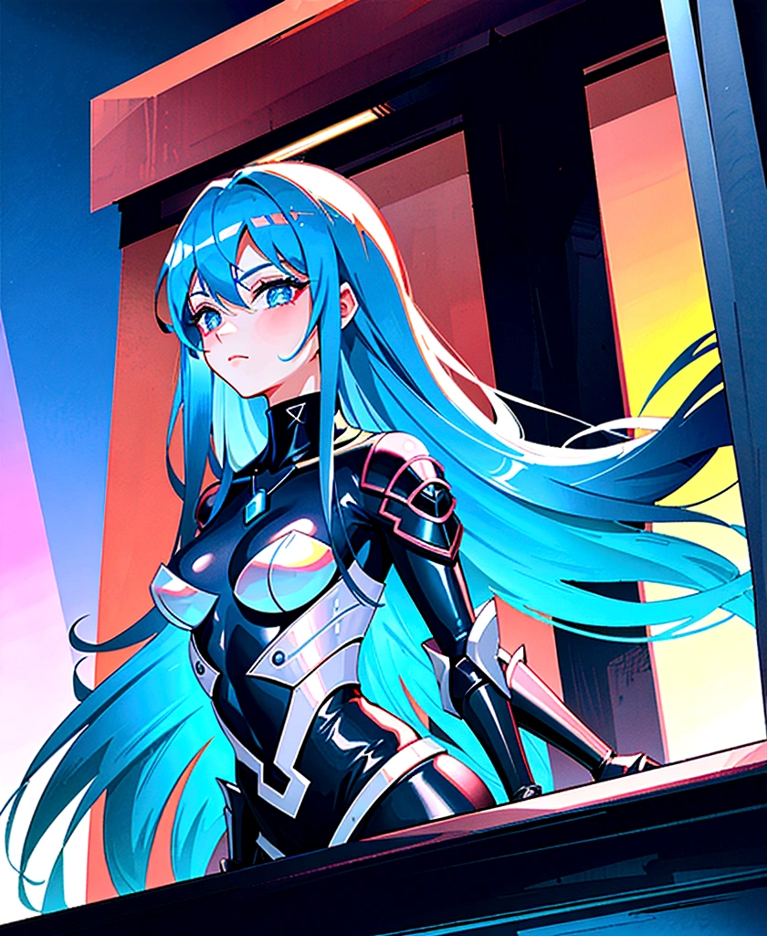 (masterpiece), (Highest quality), Ultra-high resolution, Sharp focus, ((1 female, alone)), Blue Cyberpunk Theme, Beautiful detailed hair, Chestnut Hair, long hair hangs down, Beautifully detailed face, ((Beautifully shaped eyes, Blue Eyes)), Perfect feminine face, View your audience, Feminine cyberpunk outfit, Very sleek and futuristic armor, posture: Peace talks between warring factions,,attention arousal,Brightly colored city neon lights, (At night:1.2)