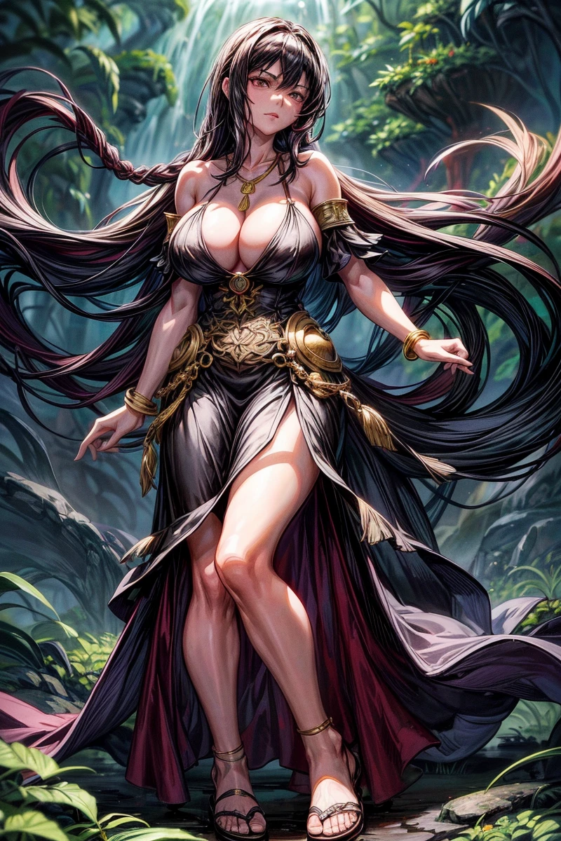 Flamme, Lena Headey:Evangeline Lilly, A 26-year-old woman with black hair, red eyes, sideburns, one large braid, a gold necklace with a ruby pendant, no dressed, Roman sandals, with gold bracelets on her arms,enormous breast, forest in the background, masterpiece, hyperdetailed, 4k.