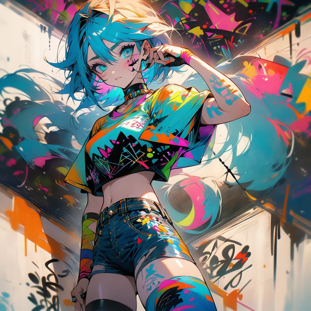masterpiece, best quality, 25 years old beautiful woman, long hair, (mature face:1.4), 1woman, solo, crop top, denim shorts, choker, (from behind:1.4), plumb ass, thick thighs, thin waist, (graffiti:1.5), paint splatter, arms behind back, against wall, looking at viewer, armband, thigh strap, paint on body, head tilt, bored, multicolored hair (pink, blue), aqua eyes, headset