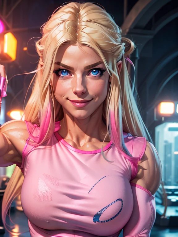 ((1girl solo focus)), Girl, long blonde hair, blue eyes, (wearing a pink and blue long-sleeved shirt, Close smile, high definition, Ultra Quality Hair, ultra quality face, Ultra quality image, Lights Cinematic, medium shots, (muscular physique, muscular arms:1.3).
