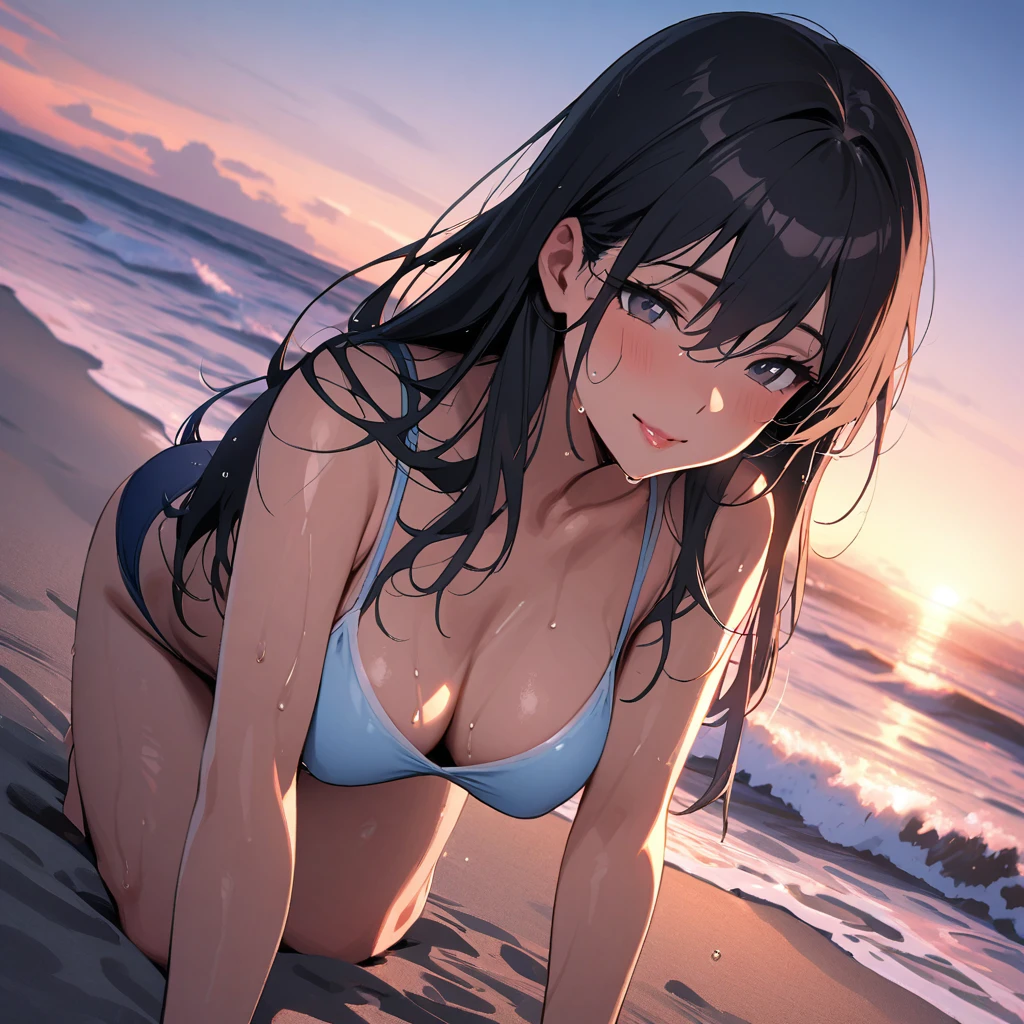 masterpiece, (solo:2), (1 lewd girl:1.5), (long hair), (black hair), (full body), (light color swimsuit), (medium breast), smile, sweat, (wet hair), (wet swimsuit), (lips apart), (swimming in a sea), (summer beach), sunset,