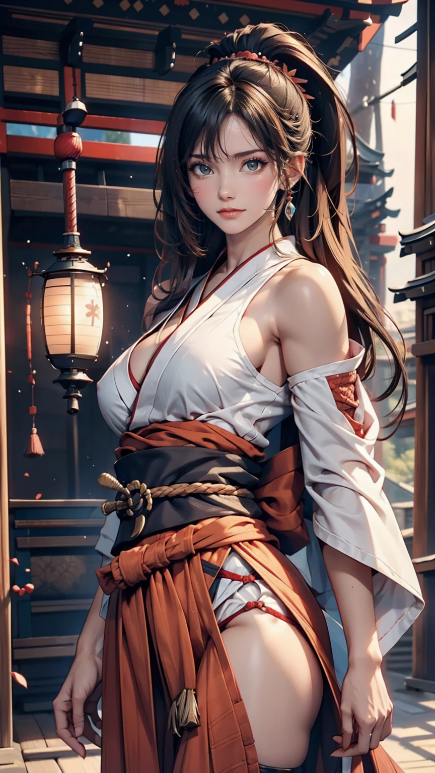 24 year old Caucasian female、Sexy proportions、Sexy、Breasts protruding forward（Rocket Boobs)、Samurai costume、Small sleeves、Hakama、Sandals、Put a Japanese sword on your waist