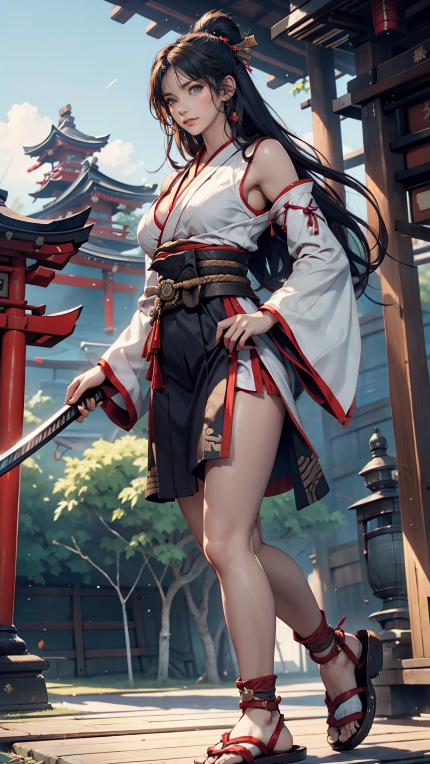 24 year old Caucasian female、Sexy proportions、Sexy、Breasts protruding forward（Rocket Boobs)、Samurai costume、Small sleeves、Hakama、Sandals、Put a Japanese sword on your waist