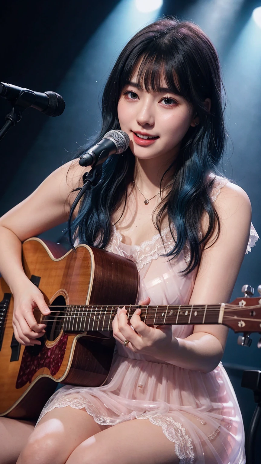 ((best quality)), photorealistic, photorealism, Photorealistic, high resolution, ((Wearing pink transparent lace dress))、smile、A superb beauty、Super cute、ennui、Rare beauty、Very Short hair、Black Dark Eyeshadow、Sad、white skin、pale skin, Very short hair layered、Dark Gothic Makeup、Cute Smile、Fragrant beauty、Stained glass background、Mastepiece、Best Quality、Refers to 5 books、Sweat glistening on my chest、Sweat glistening on my face、Medium breasts、Blue hair、Age 20 years old、Mysterious look、A sad expression、Blue Hair、Glamorous concert stage、enchanting castle、Sweating profusely all over the body、A lot of sweat and light on the thighs、Shiny thighs、Plenty of sweat glistening on the thighs、A large amount of sweat glistens on my thighs、Sweating profusely、Gal、Medium breasts、Beautiful face、Alluring expression、Sitting、Sitting playing guitar、Thick thighs、Playing guitar、I have a guitar、Sing a song enthusiastically、Playing guitar in a band、Rock band、Playing guitar chords、Live House Background、Sing a song、Open your mouth、Live house scenery、Mic stand、Glamorous live stage、Dynamic Angle、Cinematic lighting