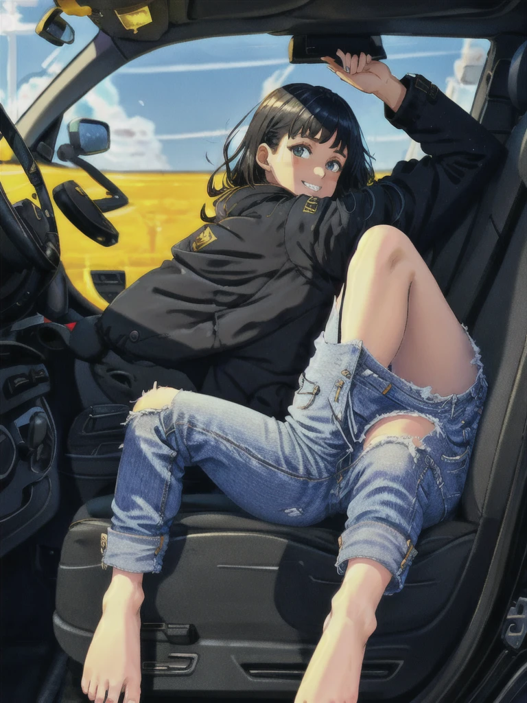 Curd Ghee, One girl, Drive Pose, jeans, feet裏, teeth, Black jacket,  feet,  