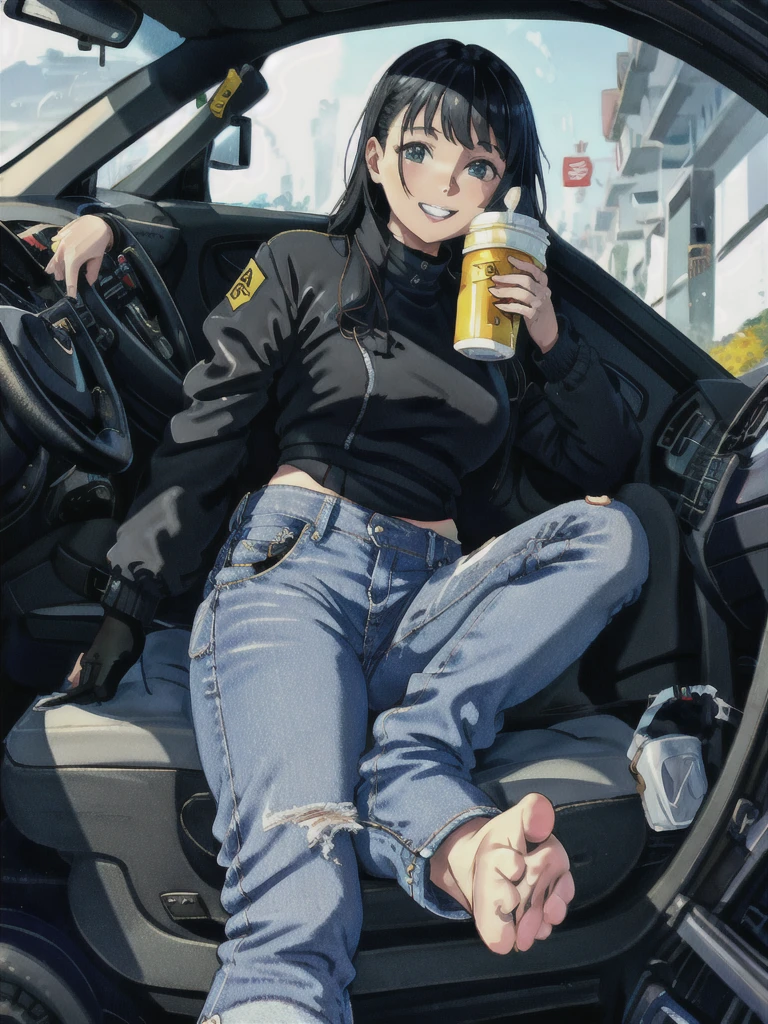 Curd Ghee, One girl, Drive Pose, jeans, feet裏, teeth, Black jacket,  feet,  