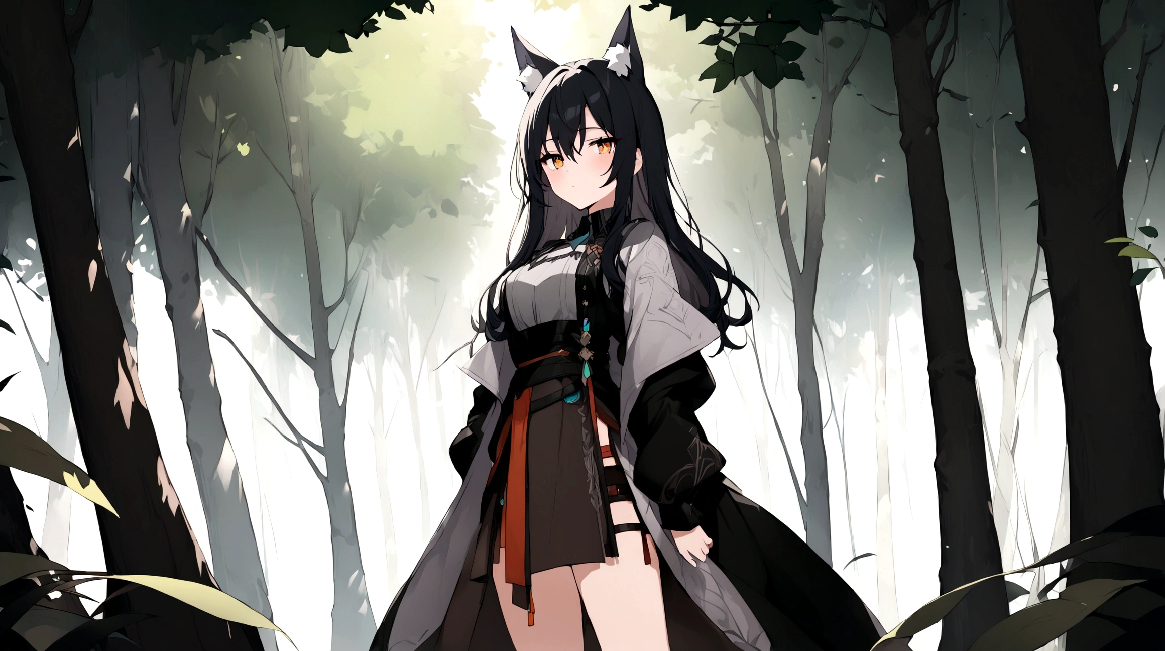 (1girl, Masterpiece, best quality) (detailed and beautiful eyes:1.6) (perfect hands, perfect anatomy) ((full body)) ((Adult)) fox-girl Misaki has short, black hair styled in a slightly tousled manner and her fox ears are perked up attentively. (She wears a long, black leather coat and cloak adorned with intricate designs.) Her outfit includes a high-collared adventurer dress with red accents and leather straps, emphasizing a combination of elegance and practicality. Misaki's orange eyes exude a sense of mystery and confidence. In the background, tall trees with soft, dappled light filtering through the leaves create a serene yet enigmatic atmosphere.