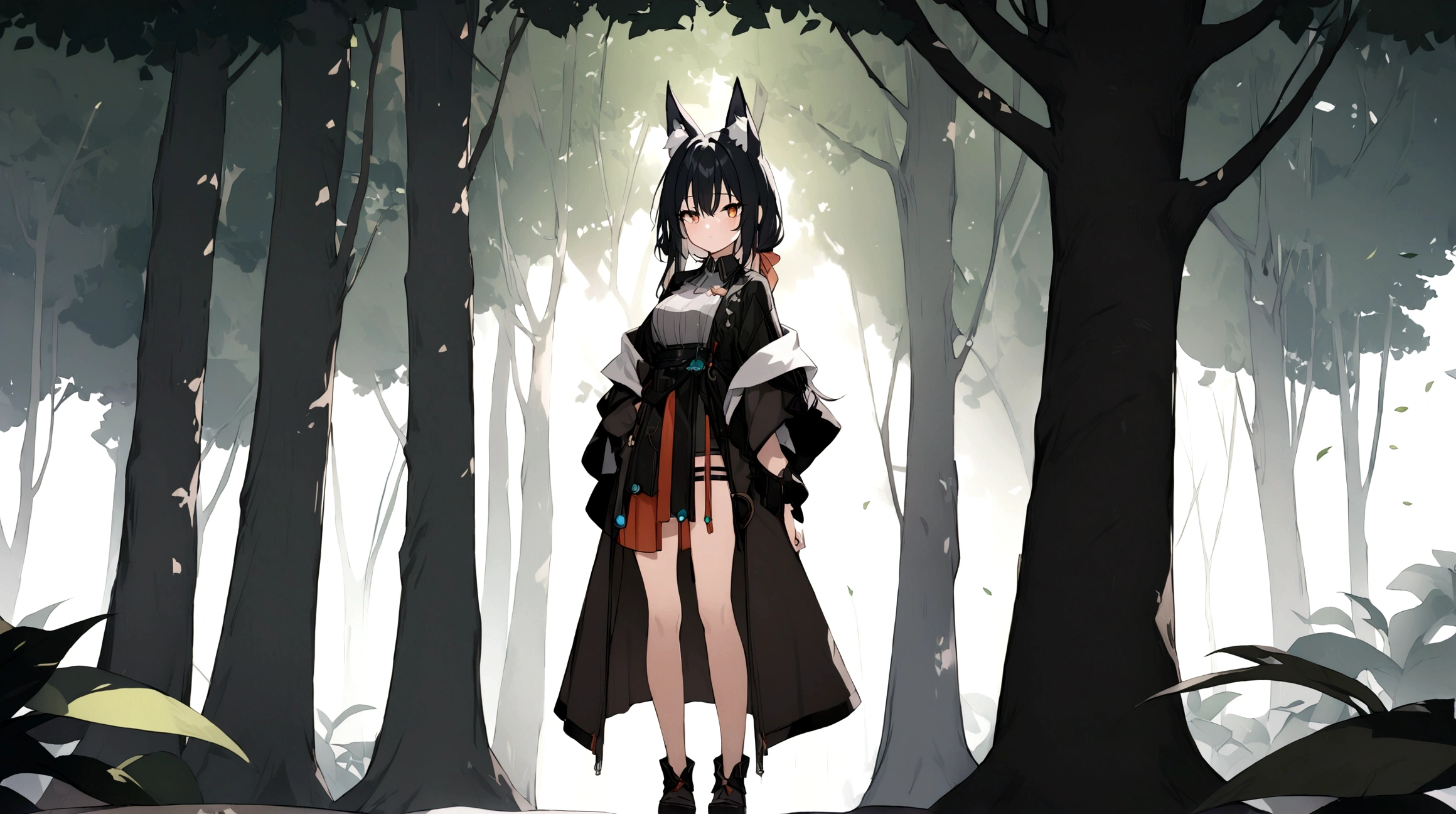 (1girl, Masterpiece, best quality) (detailed and beautiful eyes:1.6) (perfect hands, perfect anatomy) ((full body)) ((Adult)) fox-girl Misaki has short, black hair styled in a slightly tousled manner and her fox ears are perked up attentively. (She wears a long, black leather coat and cloak adorned with intricate designs.) Her outfit includes a high-collared adventurer dress with red accents and leather straps, emphasizing a combination of elegance and practicality. Misaki's orange eyes exude a sense of mystery and confidence. In the background, tall trees with soft, dappled light filtering through the leaves create a serene yet enigmatic atmosphere.