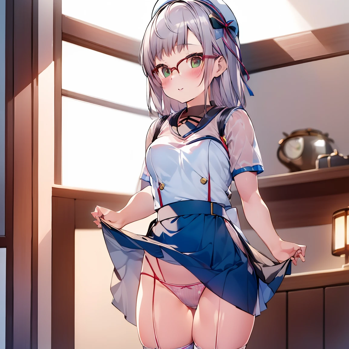 8K、masterpiece、Japanese、Woman wearing glasses、Neon(nod)、from the front、smile、Childish、Small breasts、See-through underwear、night、Bedroom、Show your underwear、mini skirt
