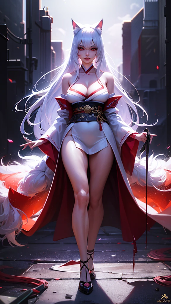 A beautiful girl with cat ears, long white hair, and a furry cat tail, red eyes, wearing white kimono with red flowers details, slender figure with large breasts, (best quality,4k,8k,highres,masterpiece:1.2),ultra-detailed,(realistic,photorealistic,photo-realistic:1.37),detailed eyes,detailed lips,extremely detailed face,long eyelashes,fantasy,magical,digital painting,concept art,vibrant colors,dramatic lighting,highly detailed, full body image