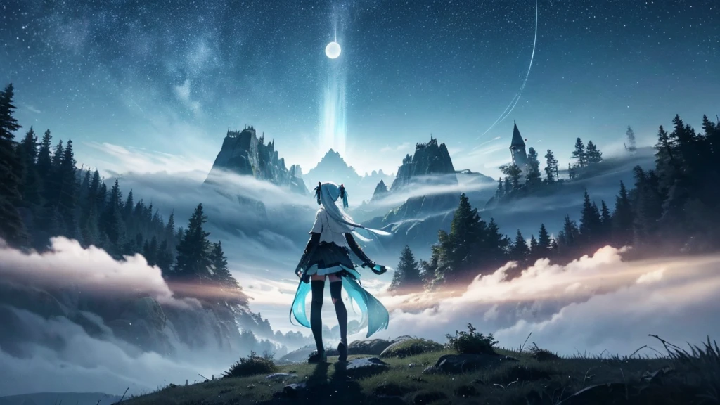 Set against the backdrop of an adventurous fantasy world、This is an image of Hatsune Miku.。She wears a mysterious cloak。The surroundings are shrouded in fog、In the distance you can see the silhouette of an ancient castle。The sky is a starry night、The moon casts a magical light over the forest.。