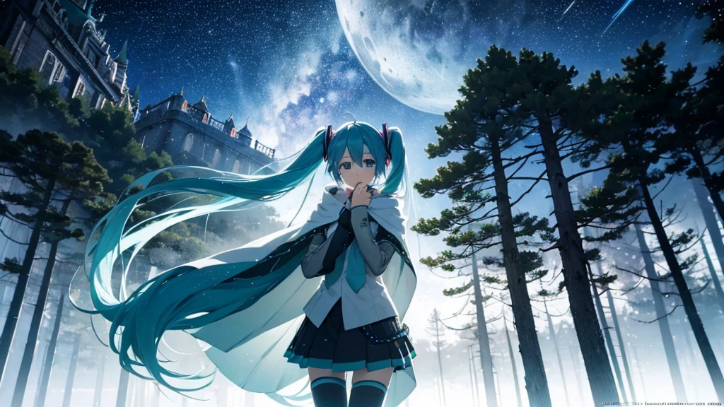 Set against the backdrop of an adventurous fantasy world、This is an image of Hatsune Miku.。She wears a mysterious cloak。The surroundings are shrouded in fog、In the distance you can see the silhouette of an ancient castle。The sky is a starry night、The moon casts a magical light over the forest.。