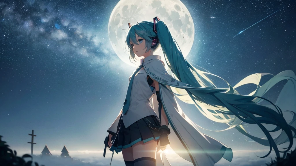 Set against the backdrop of an adventurous fantasy world、This is an image of Hatsune Miku.。She wears a mysterious cloak。The surroundings are shrouded in fog、In the distance you can see the silhouette of an ancient castle。The sky is a starry night、The moon casts a magical light over the forest.。