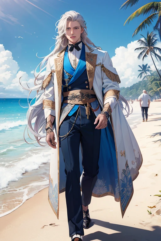 ((Highest quality)), ((masterpiece)), (detailed), Blue clothes and national costumes，A man with long silvery hair，Young handsome man，White sand beach