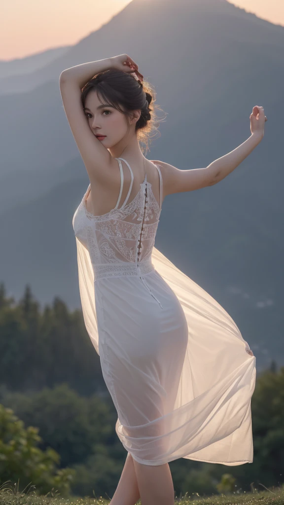 ((Best quality,High Detail,masterpiece:1.5)),1 20-year-old girl, White dress dress,Clear facial features:1.5,(Backlight, see through silhouette:1.3), standing solo, Dance poses,Delicate face, White-skinned female,summer mountains,Sunset,full-body shot