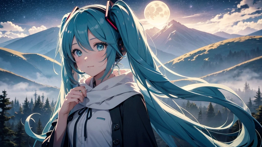 Set against the backdrop of an adventurous fantasy world、This is an image of Hatsune Miku.。She wears a mysterious cloak。The surroundings are shrouded in fog、In the distance you can see the silhouette of an ancient castle。The sky is a starry night、The moon casts a magical light over the forest.。