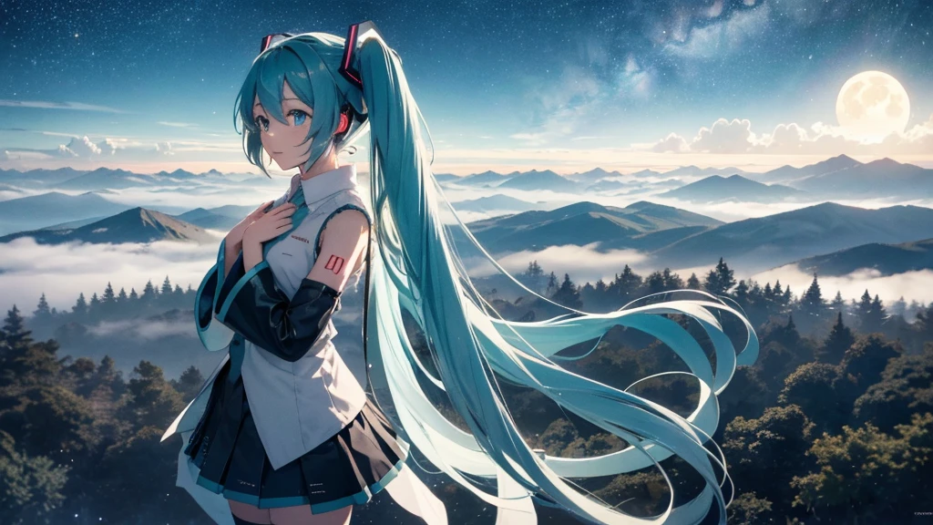 Set against the backdrop of an adventurous fantasy world、This is an image of Hatsune Miku.。She wears a mysterious cloak。The surroundings are shrouded in fog、In the distance you can see the silhouette of an ancient castle。The sky is a starry night、The moon casts a magical light over the forest.。