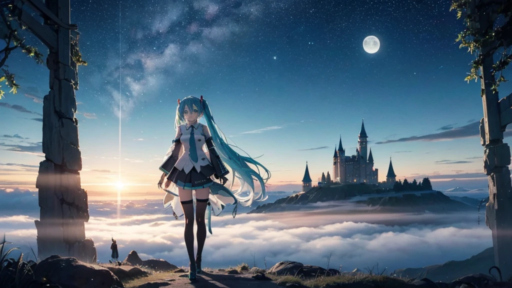 Set against the backdrop of an adventurous fantasy world、This is an image of Hatsune Miku.。She wears a mysterious cloak。The surroundings are shrouded in fog、In the distance you can see the silhouette of an ancient castle。The sky is a starry night、The moon casts a magical light over the forest.。