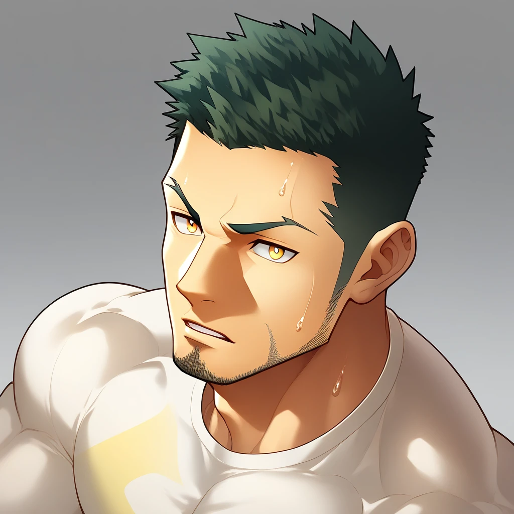 anime characters:Gyee, Priapus,Muscle Sports Student, 1 muscular tough guy, Manliness, male focus, Close-up of the side, Light yellow high collar long sleeve tight T-shirt, Very tight, The clothes were soaked with sweat, The pectoral muscles are oversized, Slightly transparent, muscular male, muscular, only, Upper body, alone, Black short hair, Thick eyebrows, stubble, Yellow eyes, Grey background, simple background, amazing quality, best aesthetics, Ridiculous, bright pupils, crew cut, parted lips, v-shaped eyebrows, jitome, disdain, drop shadow, best quality