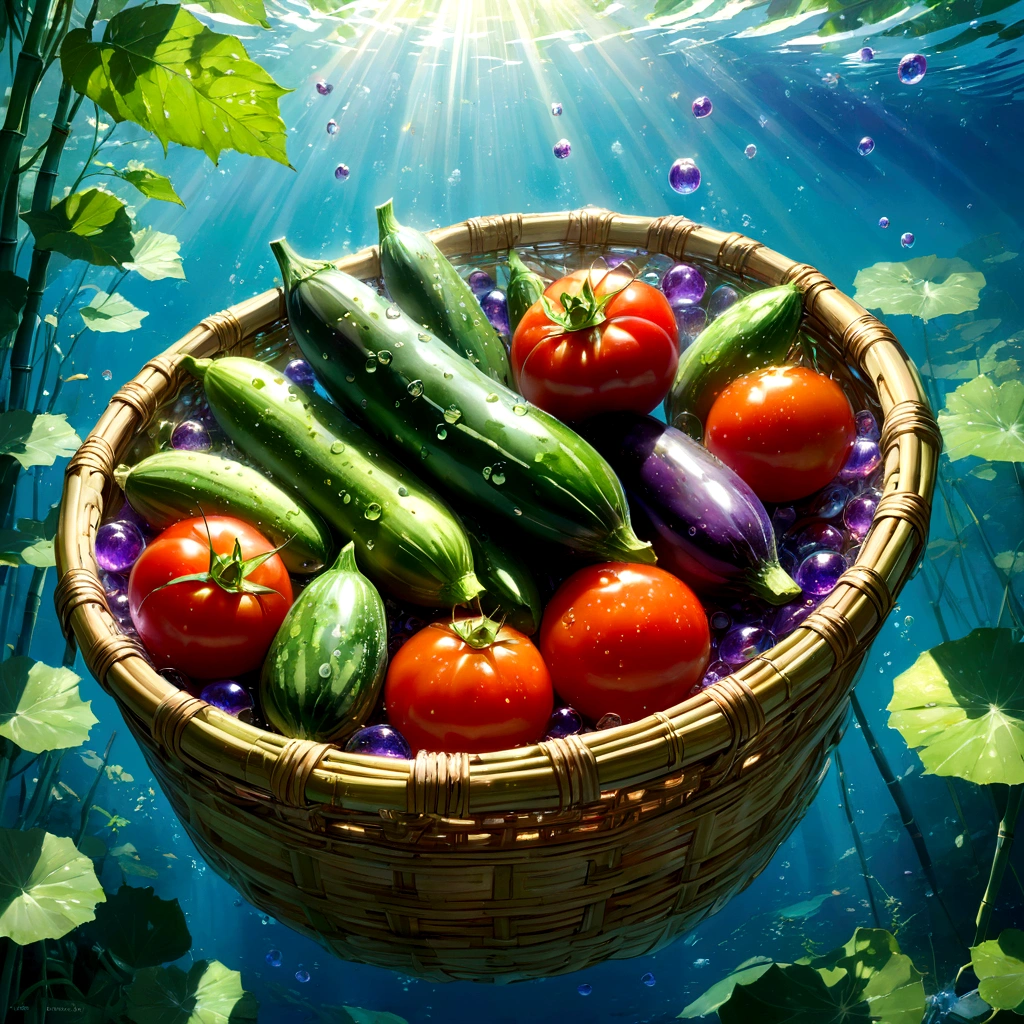 A close-up shot, through the crystal-clear water of a mountain stream, of a weathered bamboo basket overflowing with summer's bounty. Three plump, red tomatoes glisten in the filtered sunlight, their forms slightly distorted by the water. Four vibrant green cucumbers, their skins still damp, nestle beside them. Crowning the vibrant tableau are four long, deep purple eggplants, their smooth surfaces reflecting the light from the surface. Tiny bubbles cling to the sides of the vegetables, sparkling like jewels. The water itself is so pure, so pristinely clear, that it seems to magnify the colors and textures of the scene, creating a mesmerizing spectacle of underwater beauty. beautiful anime scenery, landscape painting, beautiful digital painting, andreas rocha, illustration of beautiful artwork, amazing wallpaper, raymond swanland, tall beautiful painting, studio ghibli makoto shinkai, beautiful wallpaper, anime scenery refreshing, nostalgic, summer, japan, nature, no humans simple, minimalist, close-up, 3 tomatoes, 4 cucumbers, 4 eggplants, submerged basket, crystal clear water, underwater