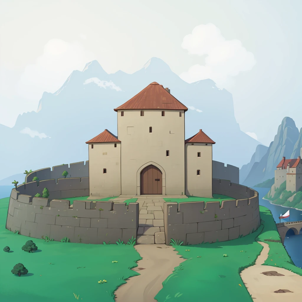 Middle Ages. Castle. walls. city. Road. gate. Mill. Wheat field. the forest. Ship. Sea. Road. mountains.