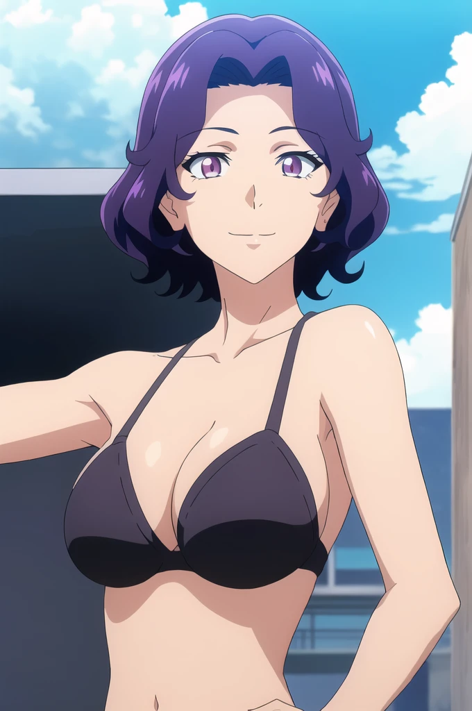 masterpiece, (highest quality), 1 Female,One girl ,Wipe_Azusa,  Purple Hair , Purple eyes,Medium Hair,Sexy Woman, formal dress, blush, smile, highest quality ,Exposing shoulders, Vibrant colors ,Natural light  ,RTTX 10.0,  big breasts, beautiful, (Detailed face:1.2), Showcase, (Perfect Eyes:1.1) ,(Realistic:1.1), 8K Ultra HD,  View your viewers,  Simple Background