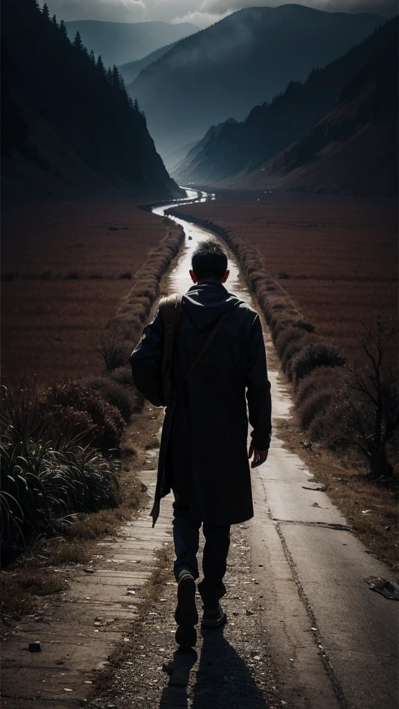 (best quality), (superior quality), (dark), 1man, despair, suicide, Death wandering in the valley of shadows.Raw,Award-winning,landscape