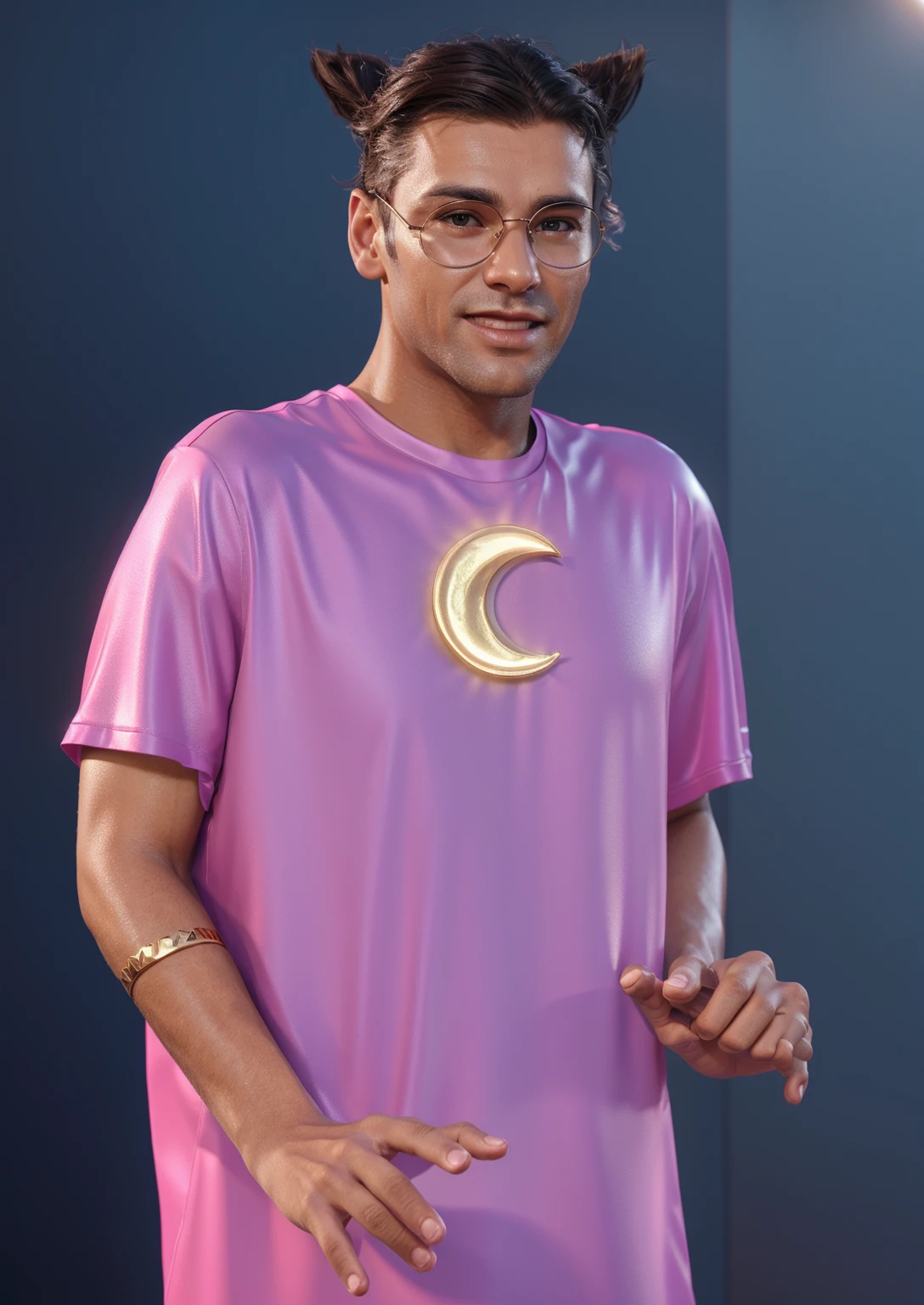 The image shows a man wearing a purple shirt with a gold crescent moon on it, standing with his hands out to the sides, smooth 3d model, glossy plastic texture, multiple light sources, rim light, sharp post effects render, most beautiful vfx, , realistic, 4k, high resolution, rim light, smooth 3d model. ,  glossy texture, smooth 3d model, multiple light sources, rim light, sharp post effects render, (glossy plastic texture with multiple big light probe refractions), perfect cgi,   reflective, best quality, 4k, masterpiece:1.2, ultra-detailed, realistic, vivid colors, The image of the highest quality, ensuring every detail showcased perfectly. It in 4k resolution, allowing viewers to immerse themselves in the richness of the colors and intricate details. The realistic rendering. under the spotlight, reflecting, high-resolution image, realistic rendering