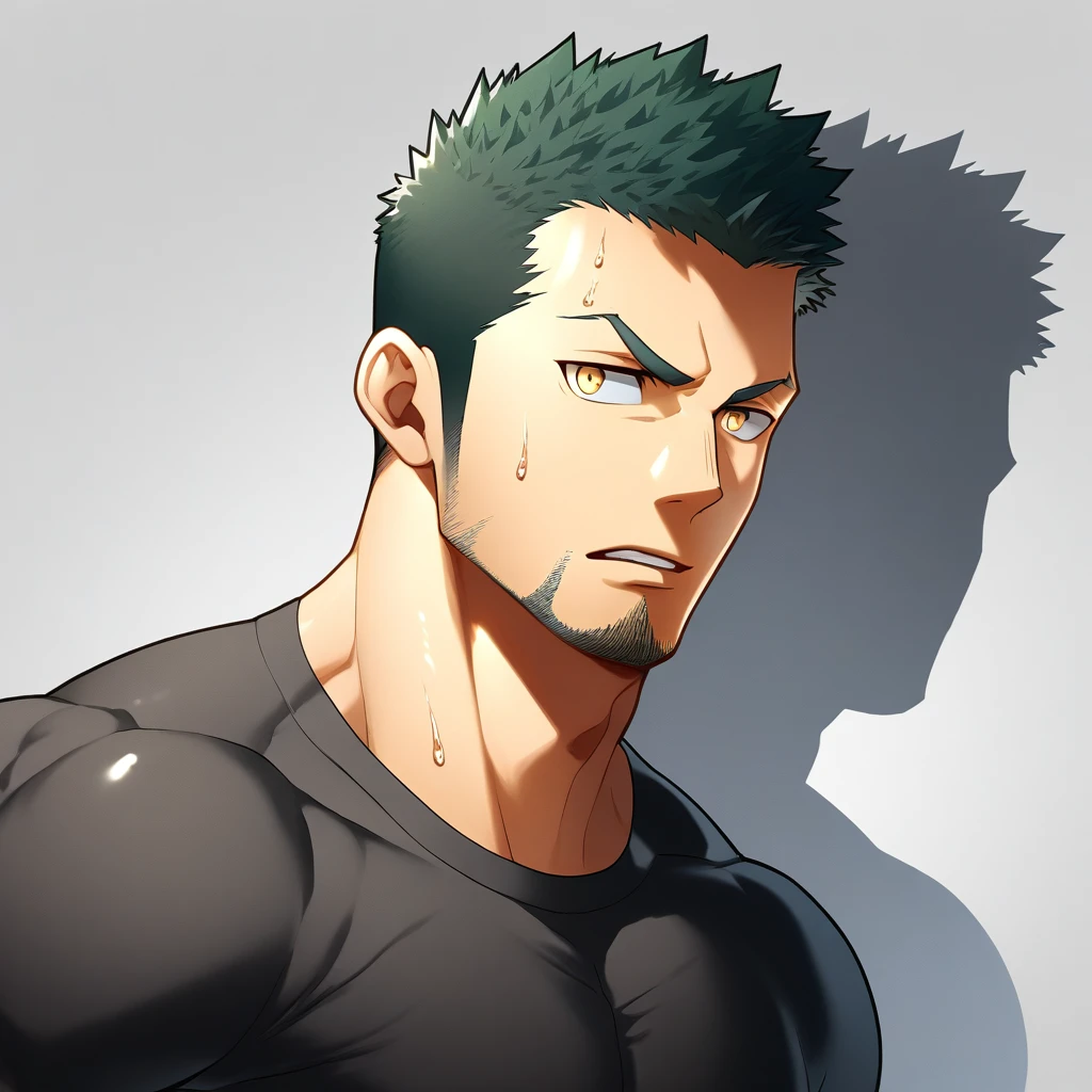 anime characters：Gyee, Priapus，Muscle Sports Student, 1 muscular tough guy, Manliness, male focus, Close-up of the side, Light yellow high collar long sleeve tight T-shirt, Very tight, The clothes were soaked with sweat, The pectoral muscles are oversized, Slightly transparent, muscular male, muscular, only, Upper body, alone, Black short hair, Thick eyebrows, stubble, Yellow eyes, Grey background, simple background, amazing quality, best aesthetics, Ridiculous, bright pupils, crew cut, parted lips, v-shaped eyebrows, jitome, disdain, drop shadow, best quality