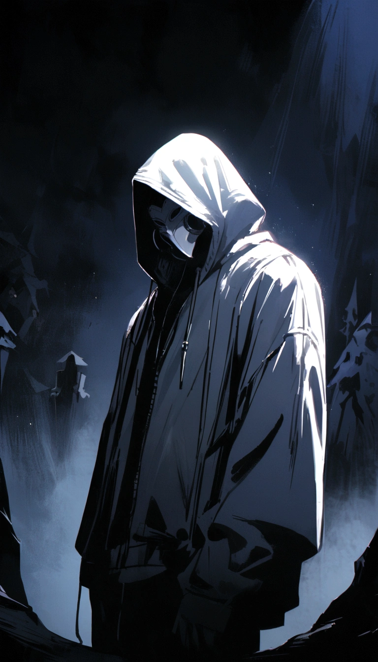 In side pose, A mysterious man stands against a dark and eerie background. His white hoodie and mask give him an air of secrecy, His headphones are、It alludes to the music that is with him in this dark world..