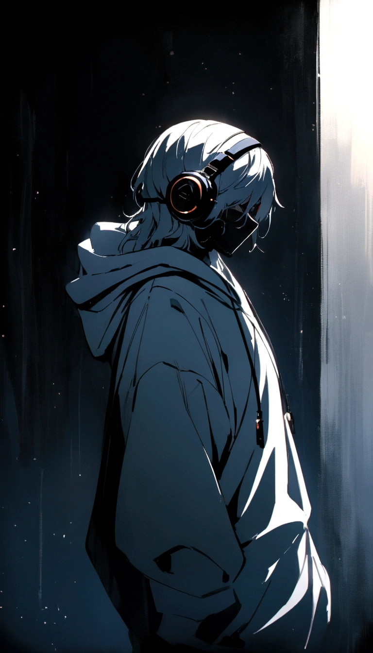 In side pose, A mysterious man stands against a dark and eerie background. His white hoodie and mask give him an air of secrecy, His headphones are、It alludes to the music that is with him in this dark world..