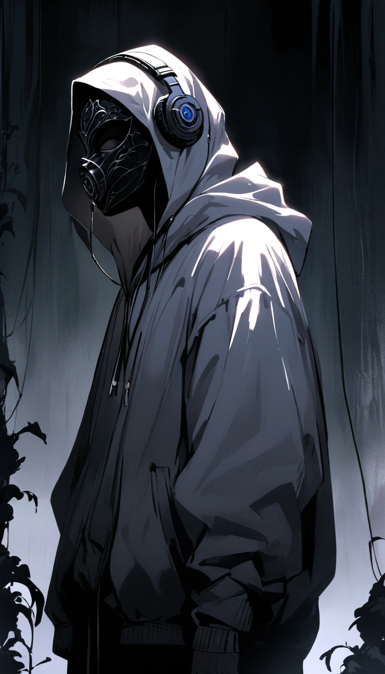 In side pose, A mysterious man stands against a dark and eerie background. His white hoodie and mask give him an air of secrecy, His headphones are、It alludes to the music that is with him in this dark world..