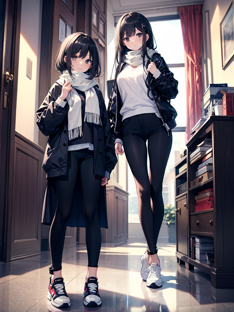 1girl,,legwear,,anklet,black hair,straight_hair,hime cut,long hair,sneakers,huge filesize,scarf,Black pants