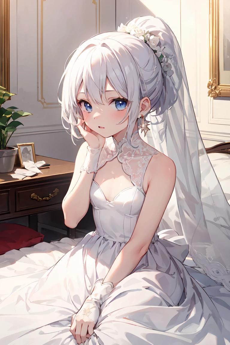 masterpiece, Highest quality, 1 girl, alone,four years old, Small breasts, Perfect Face, beautiful, Nice, anime, girl, tradition, ph Bronya, Earrings, White Wedding Dress,Long ponytail, Bedroom,