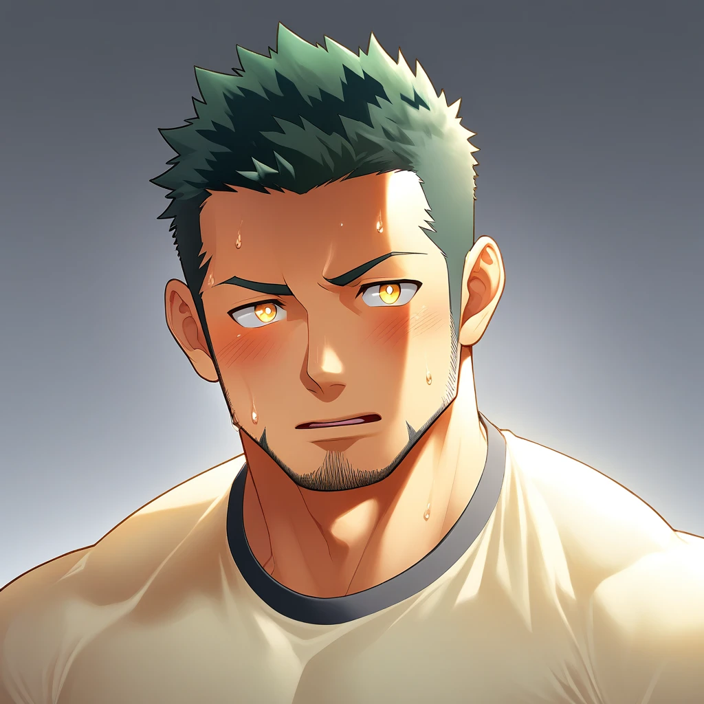 anime characters:Gyee, Priapus,Muscle Sports Student, 1 muscular tough guy, Manliness, male focus, Light yellow high collar long sleeve tight T-shirt, Very tight, The clothes were soaked with sweat, The pectoral muscles are oversized, Slightly transparent, muscular male, muscular, only, Upper body, alone, Black short hair, Thick eyebrows, stubble, Yellow eyes, Grey background, simple background, amazing quality, best aesthetics, Ridiculous, bright pupils, crew cut, parted lips, shy, blush, moaning, saliva trail, drop shadow, best quality