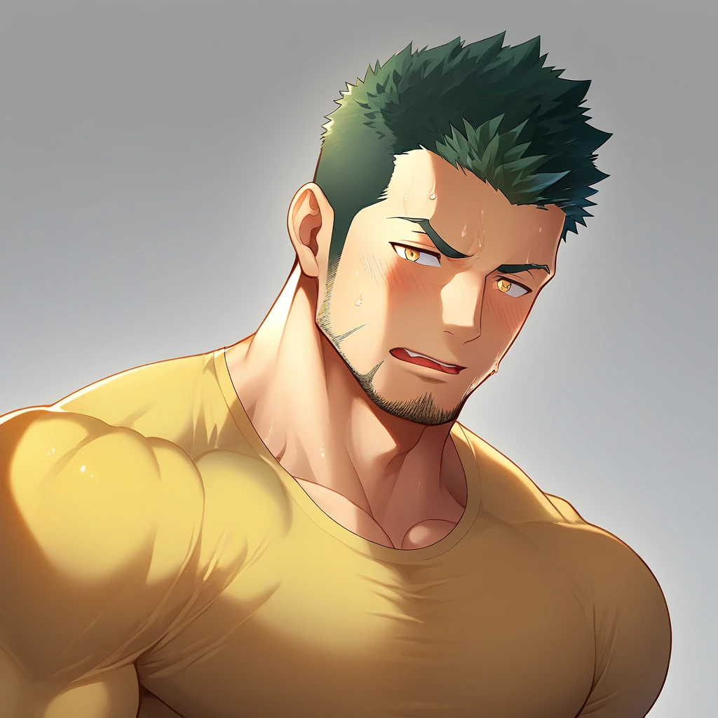 anime characters:Gyee, Priapus, Muscle Sports Student, 1 muscular tough guy, Manliness, male focus, Light yellow high collar long sleeve tight T-shirt, Very tight, The clothes were soaked with sweat, The pectoral muscles are oversized, Slightly transparent, muscular male, muscular, only, Upper body, alone, Black short hair, Thick eyebrows, stubble, Yellow eyes, Grey background, simple background, amazing quality, best aesthetics, Ridiculous, bright pupils, crew cut, parted lips, shy, blush, Moan in pain, moaning, saliva, drooling, saliva trail, drop shadow, best quality