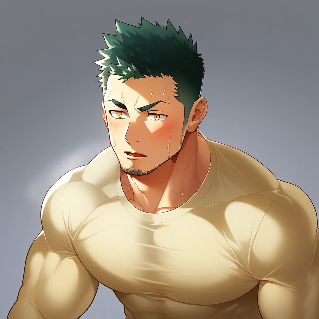 anime characters：Gyee, Priapus，Muscle Sports Student, 1 muscular tough guy, Manliness, male focus, Light yellow high collar long sleeve tight T-shirt, Very tight, The clothes were soaked with sweat, The pectoral muscles are oversized, Slightly transparent, muscular male, muscular, only, Upper body, alone, Black short hair, Thick eyebrows, stubble, Yellow eyes, Grey background, simple background, amazing quality, best aesthetics, Ridiculous, bright pupils, crew cut, parted lips, shy, blush, moaning, saliva trail, drop shadow, best quality