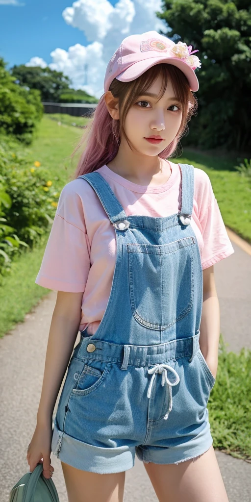 masterpiece,best quality, 1girl,solo,haru urara,overalls,overall shorts,flower-shaped pupils,,pink shirt,holding ice cream,(horse tail:0.6),cloudy,
