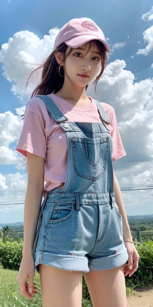 masterpiece,best quality, 1girl,solo,haru urara,overalls,overall shorts,flower-shaped pupils,loli,pink shirt,holding ice cream,(horse tail:0.6),cloudy,