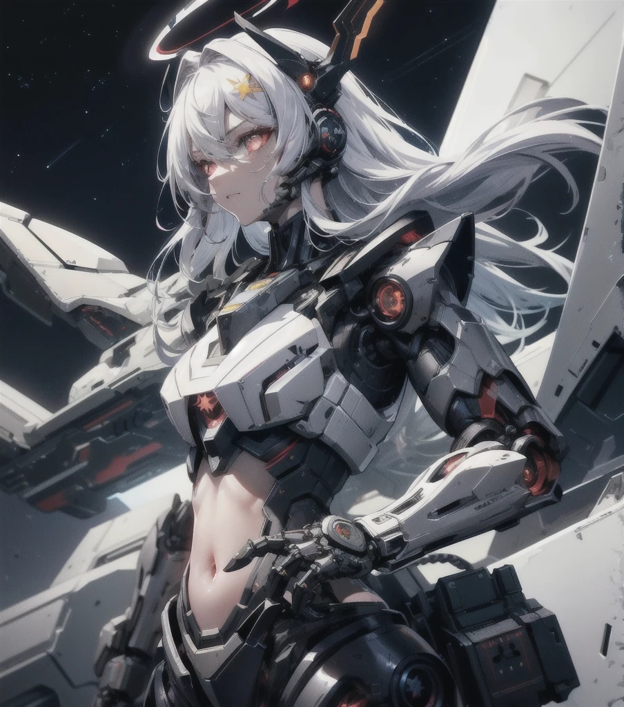 masterpiece,best quality,ultra-detailed,very detailed illustrations,extremely detailed,intricate details,highres,super complex details,extremely detailed 8k cg wallpaper,cowboy shot, caustics,reflection,ray tracing,demontheme,nebula,dark aura,cyber effect, (1girl:1.4),solo,alone,mecha musume,mechanical parts, robot joints,single mechanical arm, headgear, mechanical halo,star halo,intricate mechanical crop top bodysuit, mecha  crop top corset, crop top full armor, very long hair,white hair, hair between eyes, multicolored hair, colored inner hair, red eyes,glowing eye,eye trail, emotionless expressions,random action, futuristic architecture, starry sky,skyline, 
 