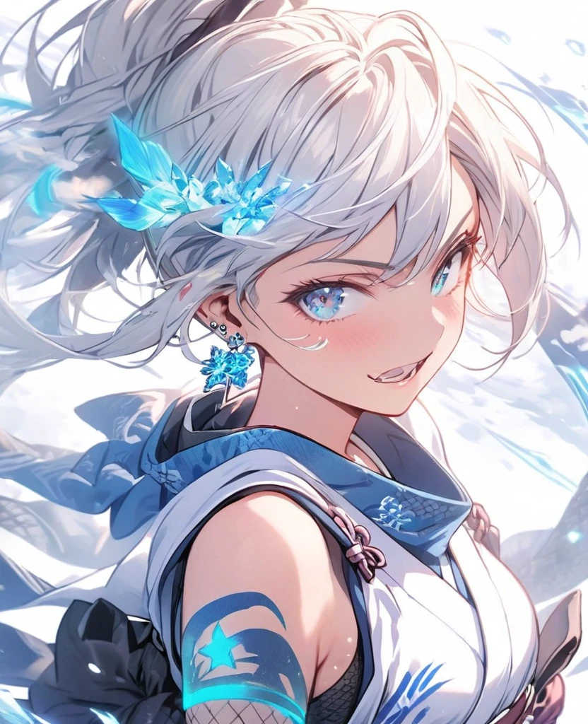 gal,Glittery earrings,Blue glowing tattoo,Long white hair,blue eyes,Ninja