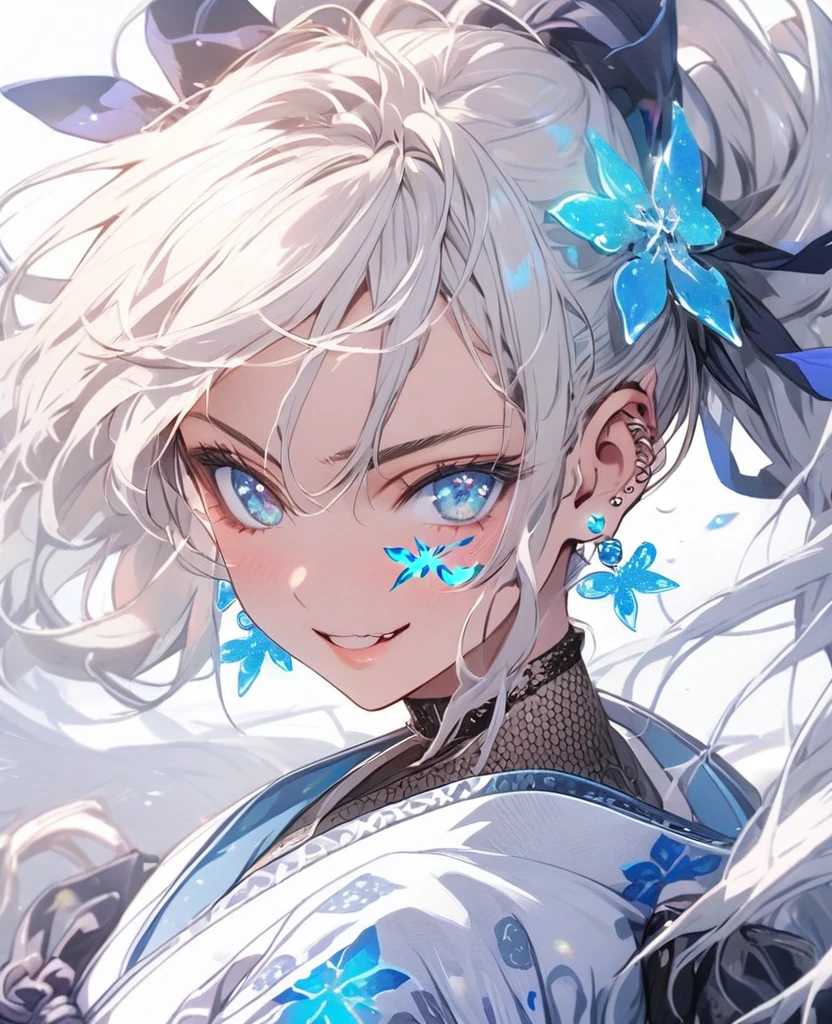 gal，Glittery earrings，Blue glowing tattoo,Long white hair,blue eyes,Ninja