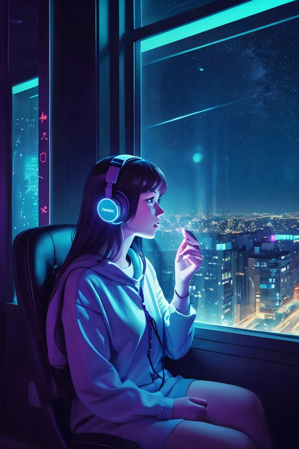 A girl is listening to music with headphones in a dimly lit private room with neon lights. She is sitting in a chair, and she is looking up at the starry sky outside the window. The corners of the mouth are raised. He has an iPad in his hand. You can see the city lights and the starry sky from the window of the room.