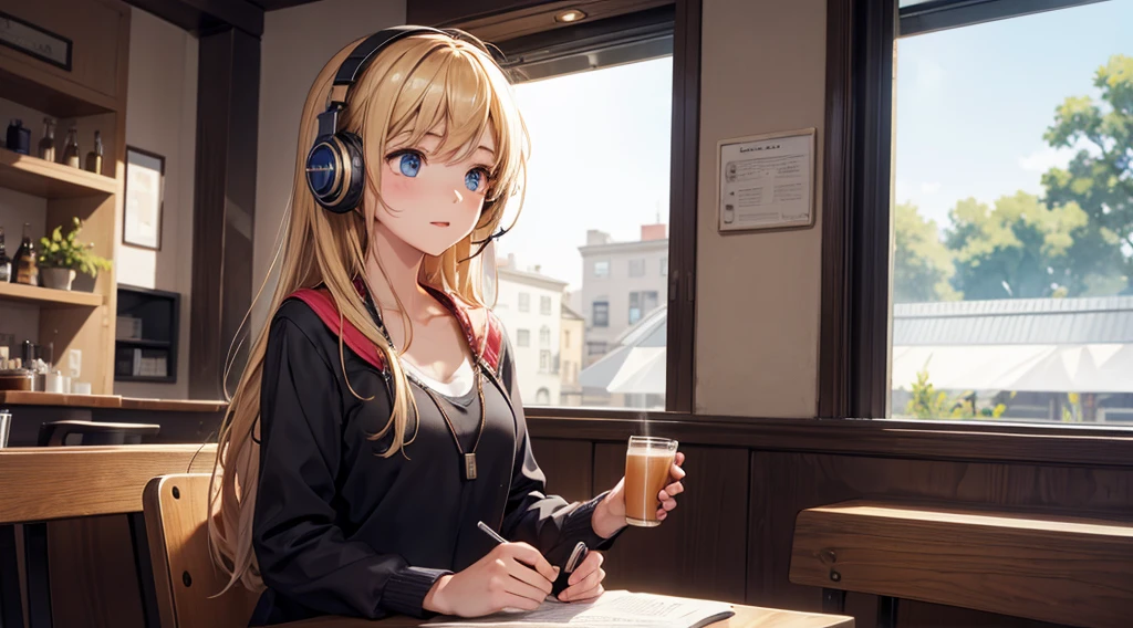 Girl with headphones enjoying music in a cafe I am studying Emphasize a little bit of the chest