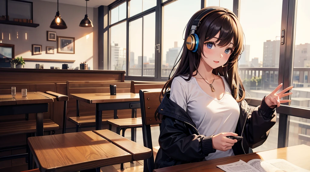 Girl with headphones enjoying music in a cafe　I am studying　Emphasize a little bit of the chest