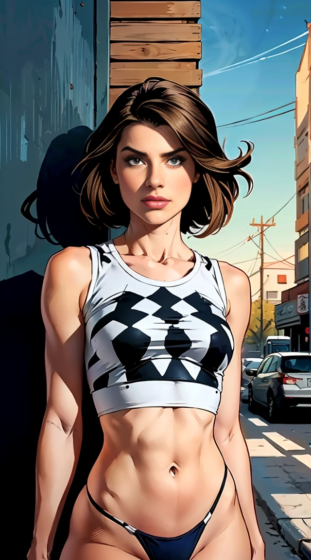 (((mulher))), (((melhor qualidade))), (((obra prima))), (((adulto))), (((1girl))), ((( corte de cabelo bob ))), Uma gladiadora cyberpunk mulher de 25 anos com corpo perfeito, shoulder pads with metal spines, Gladiadores do Brooklyn, (( corte de cabelo bob )), tiny leather panties, camiseta de time de rugby rasgada, quase nua no estilo selvagem urbano de Simon Bisley para a capa da revista Heavy Metal, Cabelo loiro curto, Minimum clothing, Metal protection on the left arm with intricate graphics, Dark red with white stars and white and navy blue checkerboard pattern, armadura, cheio de pontas e rebites, (((do joelho pra cima))), cabelos loiro branco curto, no fundo uma parede pintada por Shepard Fairey com um design intrincado