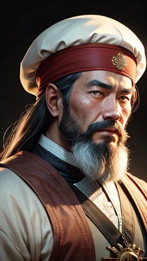 alone、Oriental、Ancient Chinese man in white costume、Hold the brush in one hand and show it、Highest quality、masterpiece、Ultra-high resolution、(Realistic:1.4)、Game Poster、Crisp and beautiful image quality、(Handsome bearded man),Ancient Chinese hairstyle with a large plain white beret that loosely covers the head like a turban、