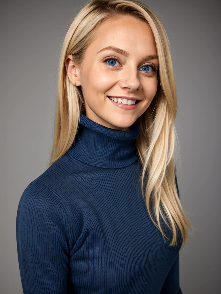 photo of a skinny blonde teen submissive wife messy long hair thrown into a messy bun ponytail. She wears: (turtleneck high ribbed turquoise tight sweater:1.1), submissive seductive pose, high tight ribbed neck, mouth retractor gag,